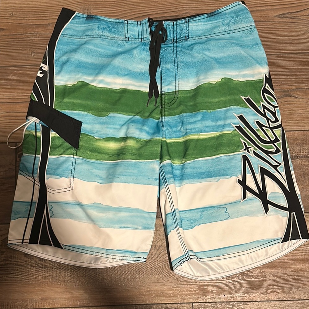 Billabong Blue and Green Board Shorts with Gradient Stripes